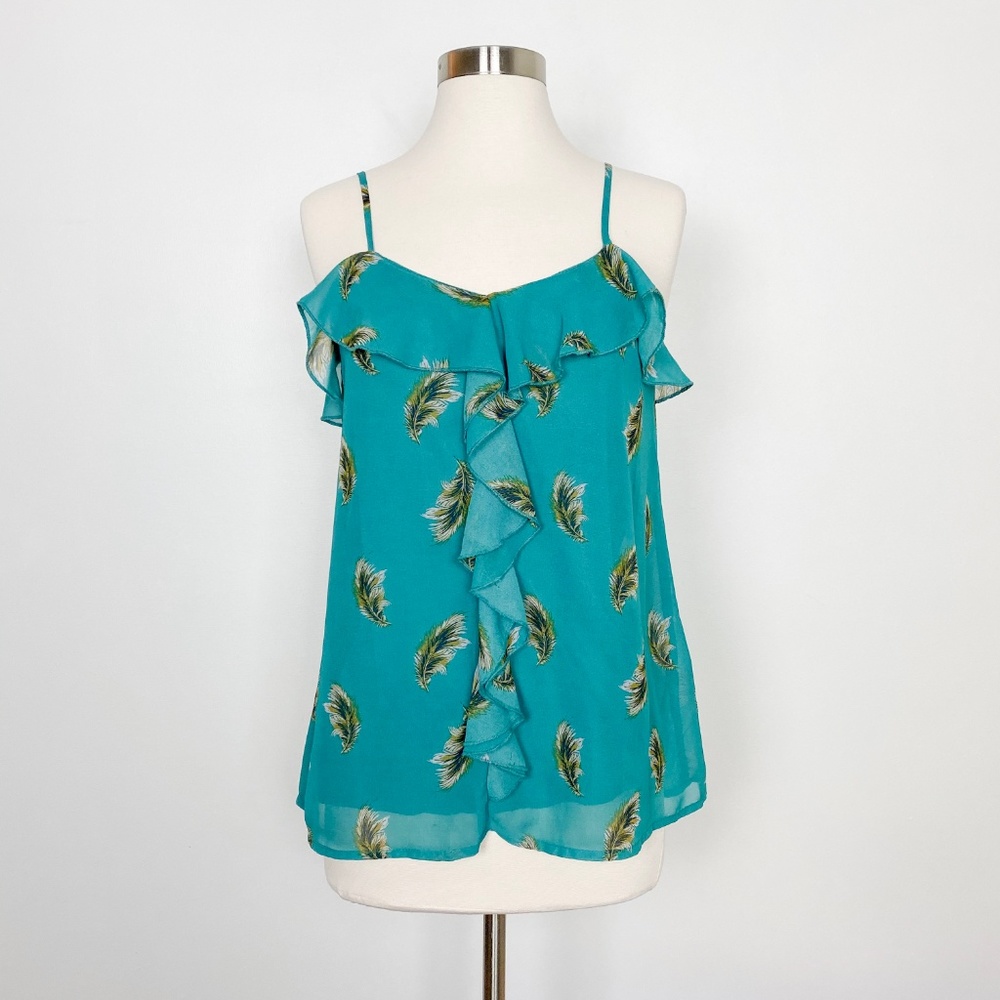 Feather Print Teal Ruffle Cami V Neck Tank Top
